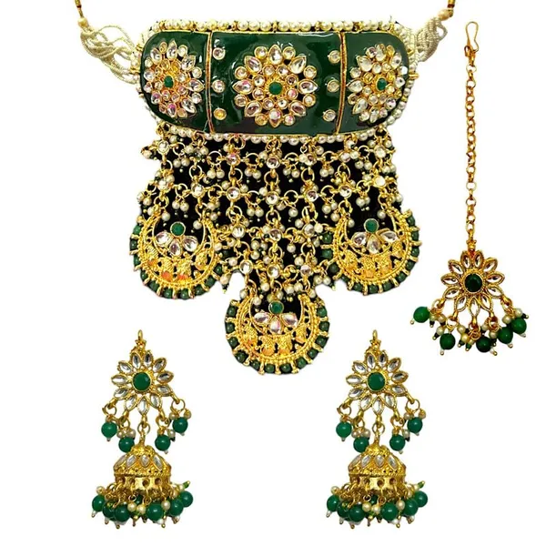 Green_Gold_Plated_Traditional_Green_Meenakari_Rajwadi/Rajasthani_Style_Statement_Bridal_Choker_Set_With_Jhumki_Earrings_And_Maang_Tikka_For_Women_And_Girls