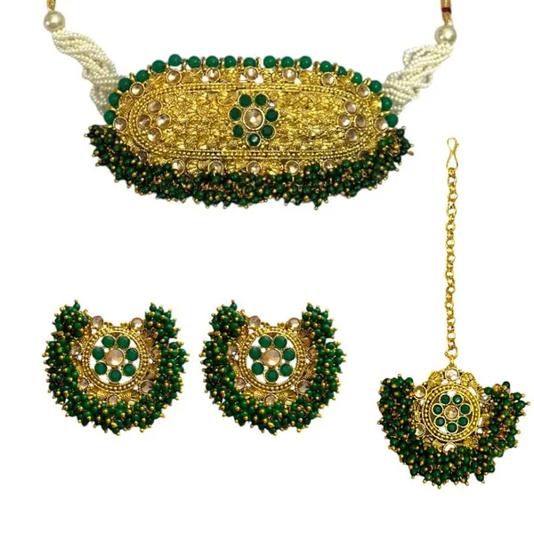 Green_Gold_Plated_Traditional_Green_Beads_Embellished_Rajwadi/Rajasthani_Style_Statement_Choker_Set_With_Earrings_And_Maang_Tikka_For_Women_And_Girls