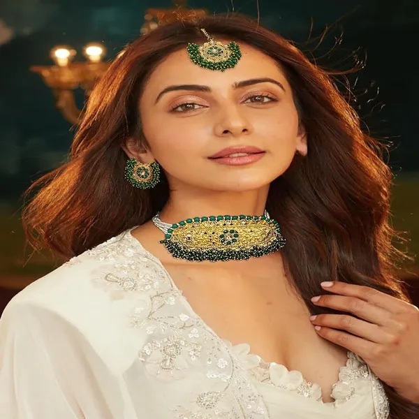 Green_Gold_Plated_Traditional_Green_Beads_Embellished_Rajwadi/Rajasthani_Style_Statement_Choker_Set_With_Earrings_And_Maang_Tikka_For_Women_And_Girls