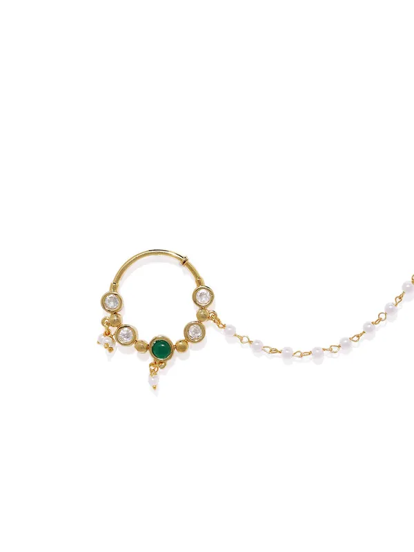 Gold_Plated_Delicate_Sparkling_American_Diamond_Embellished_Clip_On/Non-_Piercing_Nose_Ring_With_Pear_Drops_And_Beads_Chain_For_Women_Pack_Of_1_(White8)_(Green)
