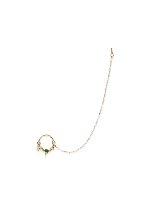 Gold_Plated_Delicate_Sparkling_American_Diamond_Embellished_Clip_On/Non-_Piercing_Nose_Ring_With_Pear_Drops_And_Beads_Chain_For_Women_Pack_Of_1_(White8)_(Green)