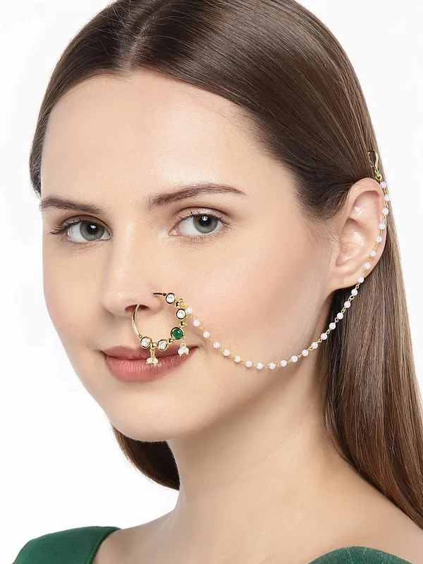 Gold_Plated_Delicate_Sparkling_American_Diamond_Embellished_Clip_On/Non-_Piercing_Nose_Ring_With_Pear_Drops_And_Beads_Chain_For_Women_Pack_Of_1_(White8)_(Green)