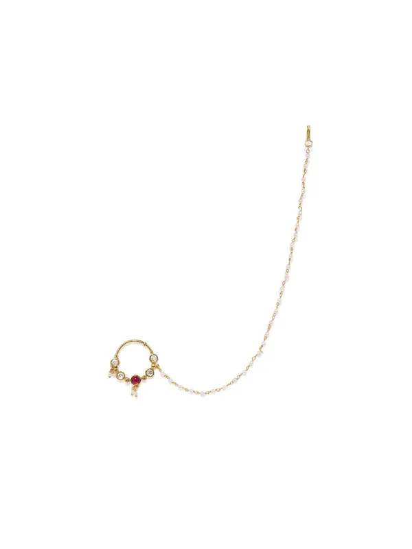 Gold_Plated_Delicate_Sparkling_American_Diamond_Embellished_Clip_On/Non-_Piercing_Nose_Ring_With_Pear_Drops_And_Beads_Chain_For_Women_Pack_Of_1_(White8)_(Pink)