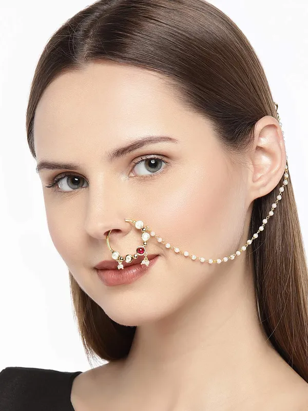 Gold_Plated_Delicate_Sparkling_American_Diamond_Embellished_Clip_On/Non-_Piercing_Nose_Ring_With_Pear_Drops_And_Beads_Chain_For_Women_Pack_Of_1_(White8)_(Pink)