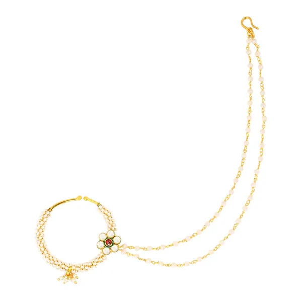 Gold_Bridal_White,Red_Jadau_Kundan_And_Pearl_Nose_Ring_With_Double_Chain