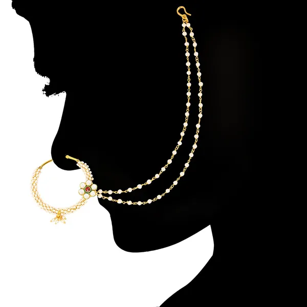 Gold_Bridal_White,Red_Jadau_Kundan_And_Pearl_Nose_Ring_With_Double_Chain