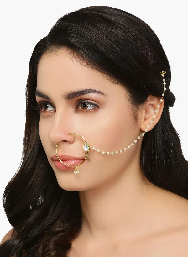 Gold_Plated_Traditional_Vilandi_Kundan_Embedded_Drop_Shape_Non-Piercing_Clip_On_Nose_Ring_With_Single_Chain_For_Women