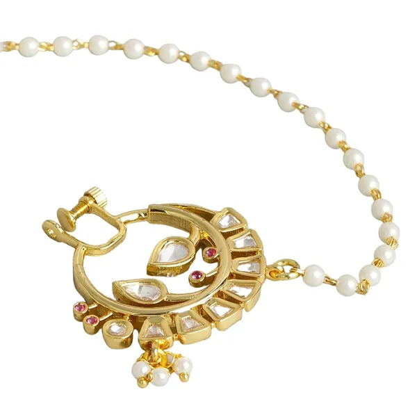 Gold_Plated_Traditional_Rhinestones_Embellished_Statement_Bridal_Clip_On/Non-Piercing_Nose_Ring/Nthani_With_Pearl_Chain_For_Women_And_Girls_Pack_Of_1
