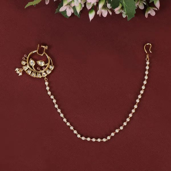 Gold_Plated_Traditional_Rhinestones_Embellished_Statement_Bridal_Clip_On/Non-Piercing_Nose_Ring/Nthani_With_Pearl_Chain_For_Women_And_Girls_Pack_Of_1