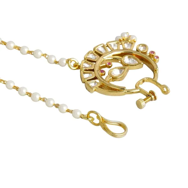 Gold_Plated_Traditional_Rhinestones_Embellished_Statement_Bridal_Clip_On/Non-Piercing_Nose_Ring/Nthani_With_Pearl_Chain_For_Women_And_Girls_Pack_Of_1
