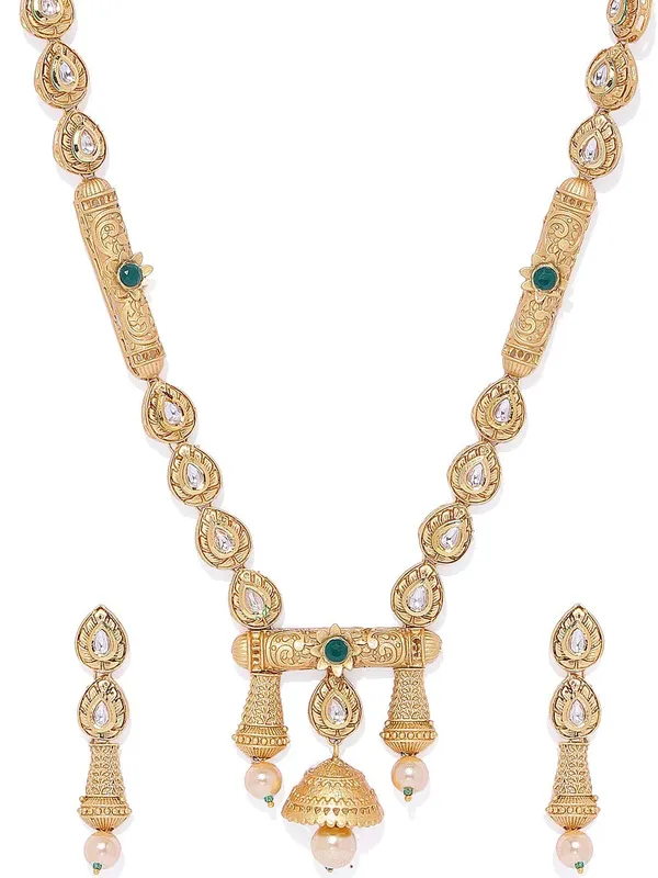 Gold_Toned_Kundan,_Pearls_And_Emrald_Long_Bridal_Jewellery_Set_With_Earrings_And_Maang_Tika_For_Women