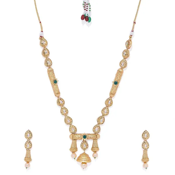 Gold_Toned_Kundan,_Pearls_And_Emrald_Long_Bridal_Jewellery_Set_With_Earrings_And_Maang_Tika_For_Women