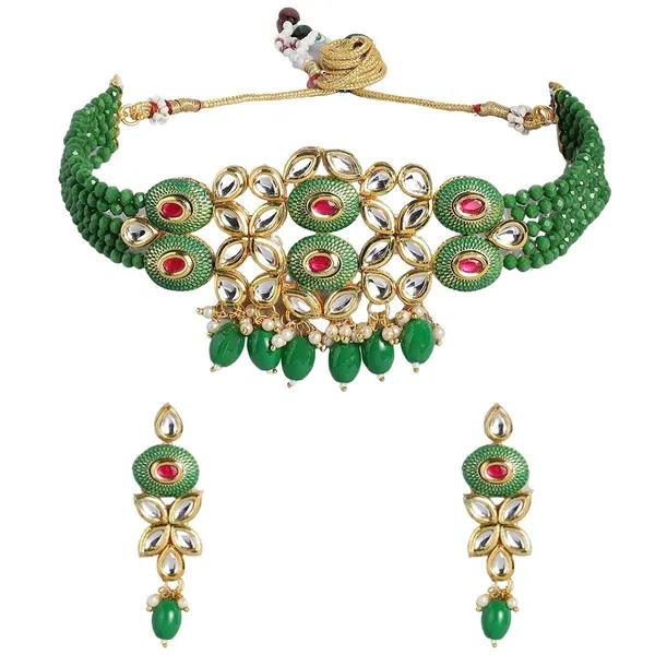 Green_Gold_Toned_Kundan_And_Green_Enamel_Jewellery_Set_Embellished_With_Emrald_Beads_For_Women_And_Girls