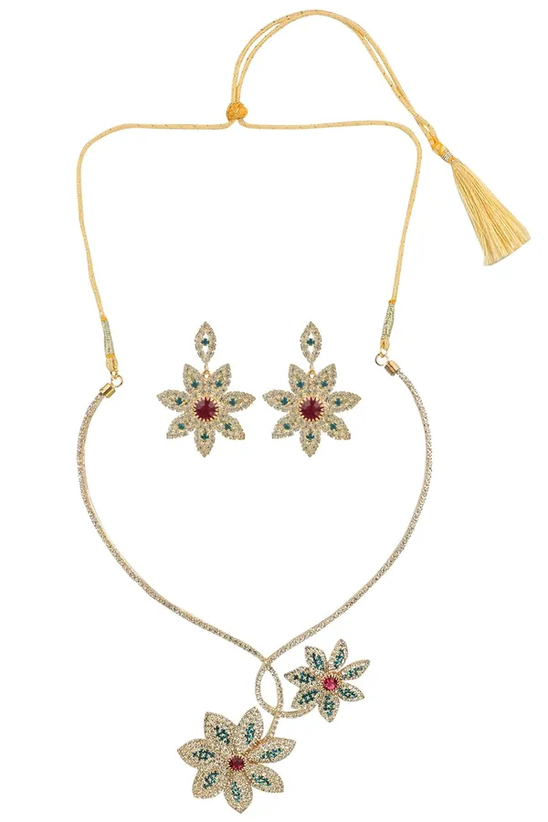 White_And_Blue_Flower_Shaped_Rhinestone_Necklace_Set_For_Women