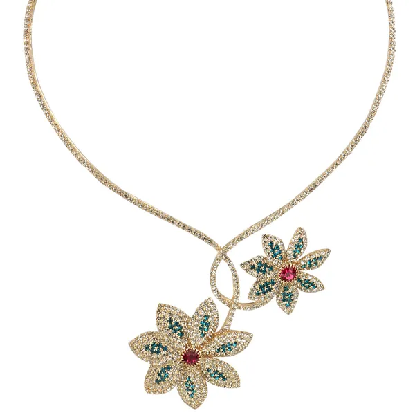 White_And_Blue_Flower_Shaped_Rhinestone_Necklace_Set_For_Women