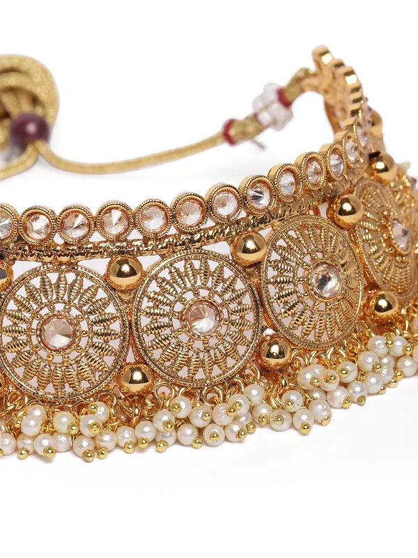 Gold_Plated_Handcrafted_Antique_Gold_Embellished_Choker_Necklace_With_Earring_Set_For_Women_And_Girls_Set_Of_1|_Gifting_For_Karwachauth_|