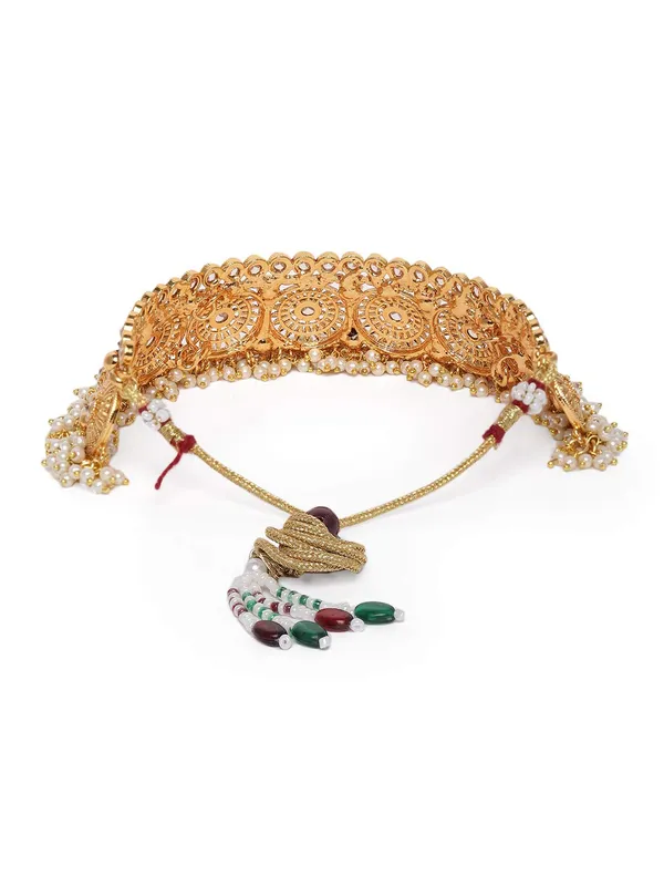Gold_Plated_Handcrafted_Antique_Gold_Embellished_Choker_Necklace_With_Earring_Set_For_Women_And_Girls_Set_Of_1|_Gifting_For_Karwachauth_|