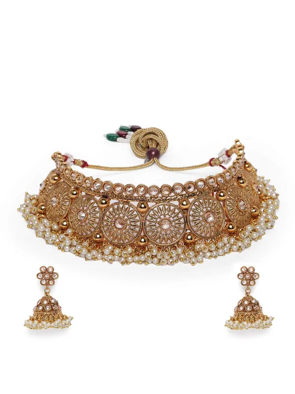 Gold_Plated_Handcrafted_Antique_Gold_Embellished_Choker_Necklace_With_Earring_Set_For_Women_And_Girls_Set_Of_1|_Gifting_For_Karwachauth_|
