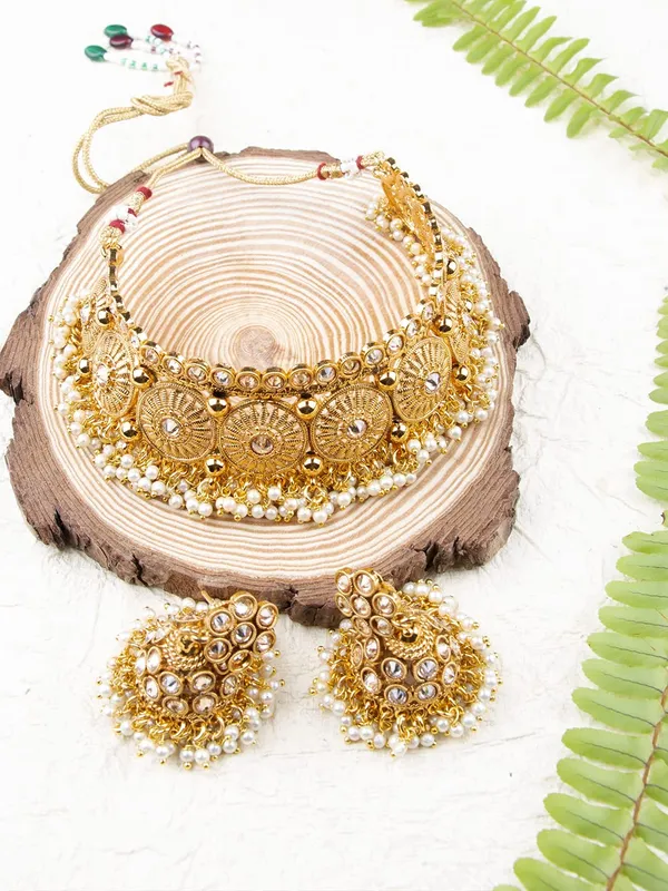 Gold_Plated_Handcrafted_Antique_Gold_Embellished_Choker_Necklace_With_Earring_Set_For_Women_And_Girls_Set_Of_1|_Gifting_For_Karwachauth_|
