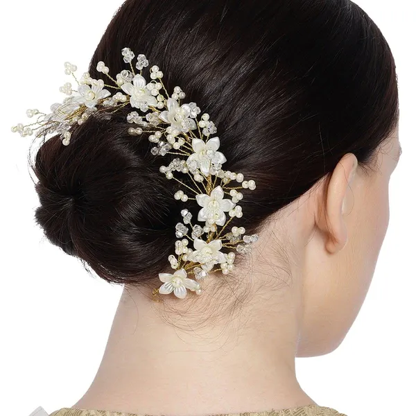 White_Gold_Plated_Crystal_Beads_And_Ivory_Pearls_Embedded_Indo-Western_Style_Inspired_Adorable_Floral_Hair_Vine/Pearl_Hair_Accessory_For_Women_Pack_Of_1