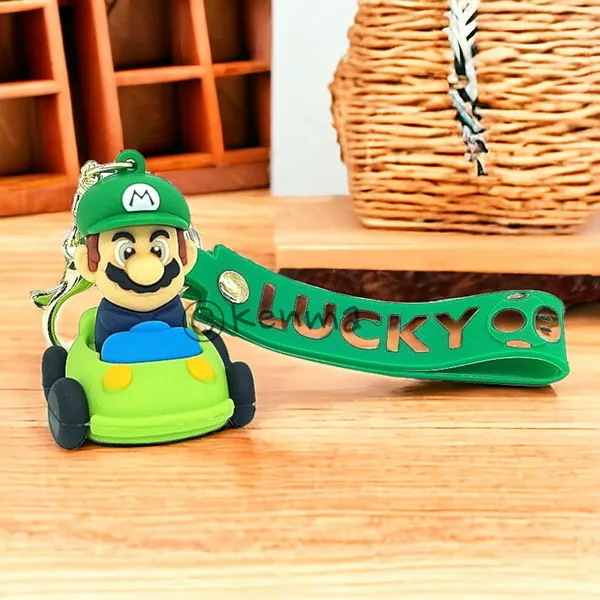 __Green_Mario_Cute_3D_Super_Mario_On_Car_Game_With_Lanyard_Keychains_With_Charms_For_Keys,Bags_&_Birthday_Return_Gifts