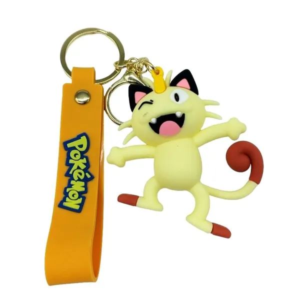 Meowth_Standing_Pokeball_On_Hand_3D_Lanyard_Rubber_Keychain_Lanyard_Charm_Keyring