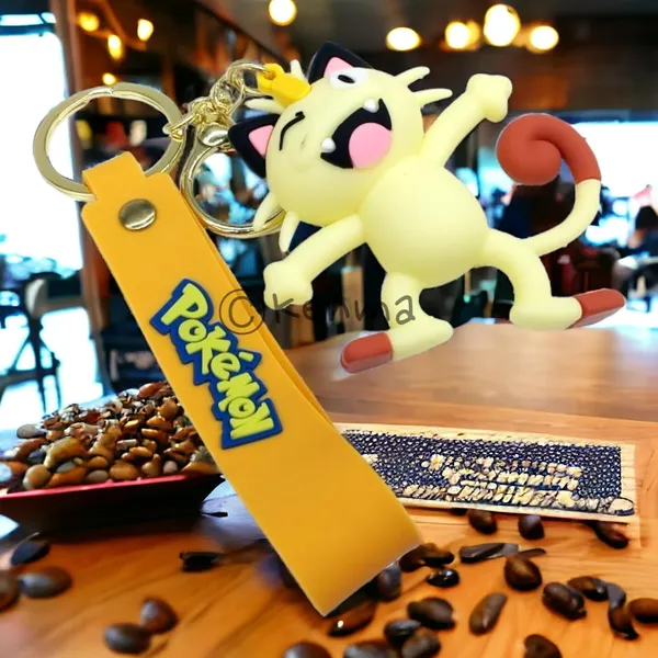 Meowth_Standing_Pokeball_On_Hand_3D_Lanyard_Rubber_Keychain_Lanyard_Charm_Keyring