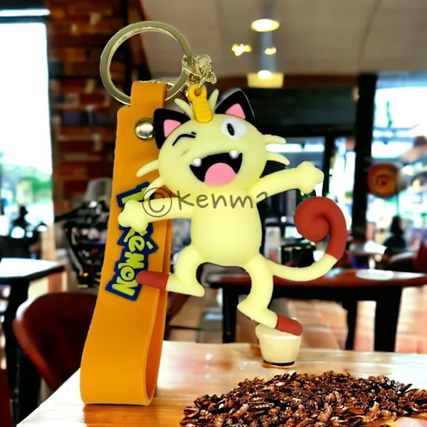 Meowth_Standing_Pokeball_On_Hand_3D_Lanyard_Rubber_Keychain_Lanyard_Charm_Keyring