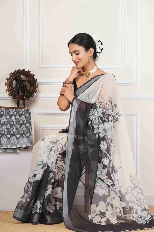 Stylish_Lotus_Floral_Printed_Saree_with_Solid_Border