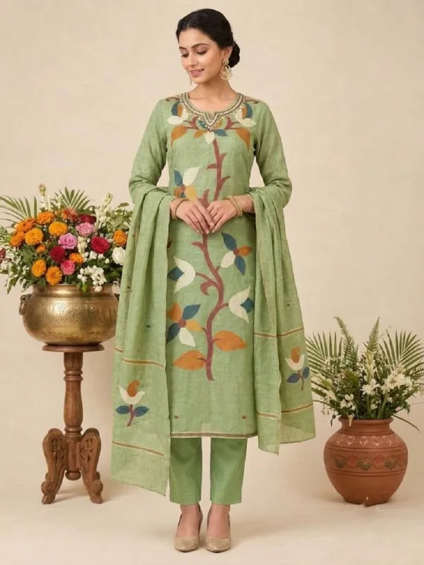 Green_Floral_Beads_&_Stones_Embellished_Chanderi_Jacquard_Kurta_Set_with_Trousers_&_Dupatta