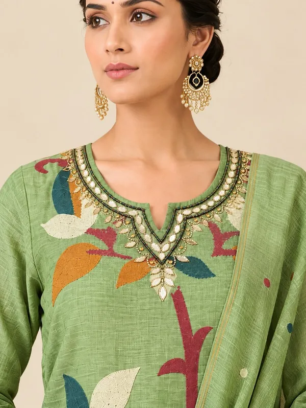 Green_Floral_Beads_&_Stones_Embellished_Chanderi_Jacquard_Kurta_Set_with_Trousers_&_Dupatta