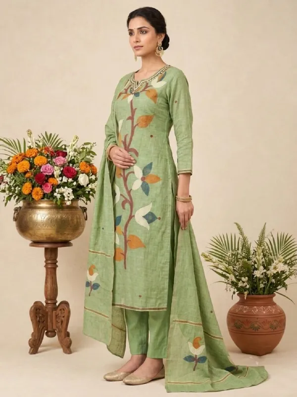 Green_Floral_Beads_&_Stones_Embellished_Chanderi_Jacquard_Kurta_Set_with_Trousers_&_Dupatta