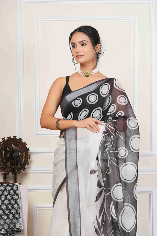 White_&_Black_Ball_Print_Linen_Blend_Saree_for_Women