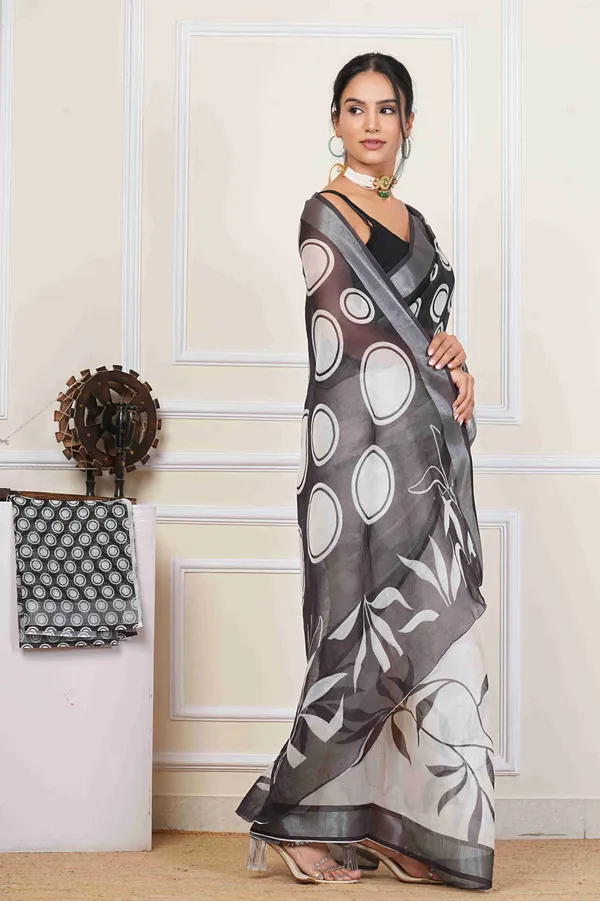 White_&_Black_Ball_Print_Linen_Blend_Saree_for_Women