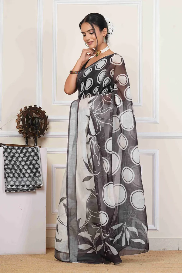 White_&_Black_Ball_Print_Linen_Blend_Saree_for_Women