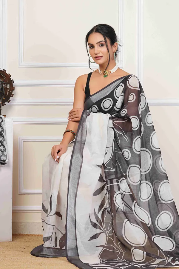 White_&_Black_Ball_Print_Linen_Blend_Saree_for_Women