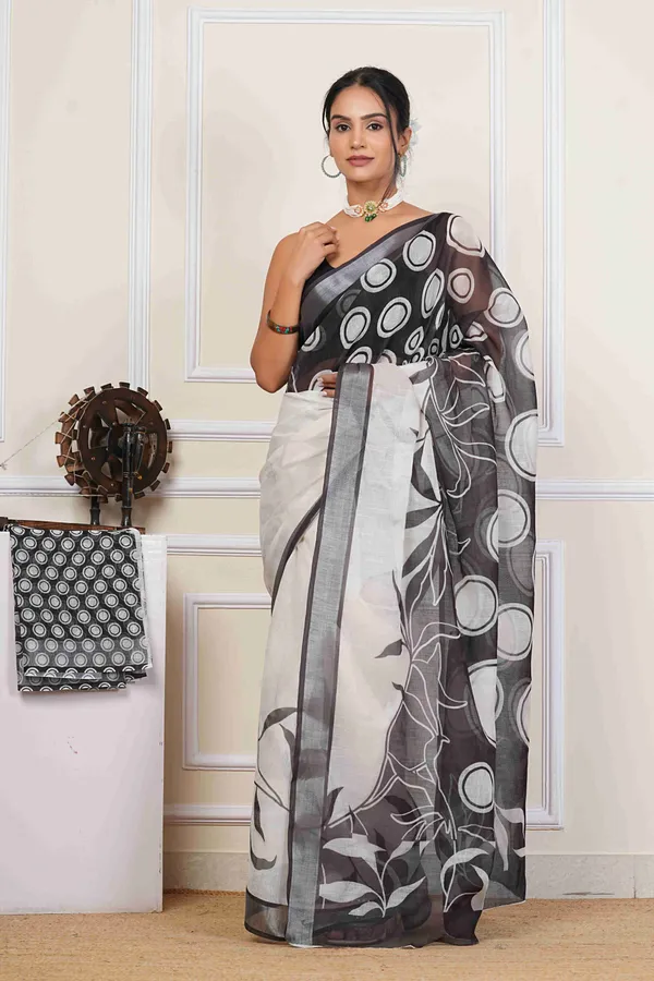 White_&_Black_Ball_Print_Linen_Blend_Saree_for_Women