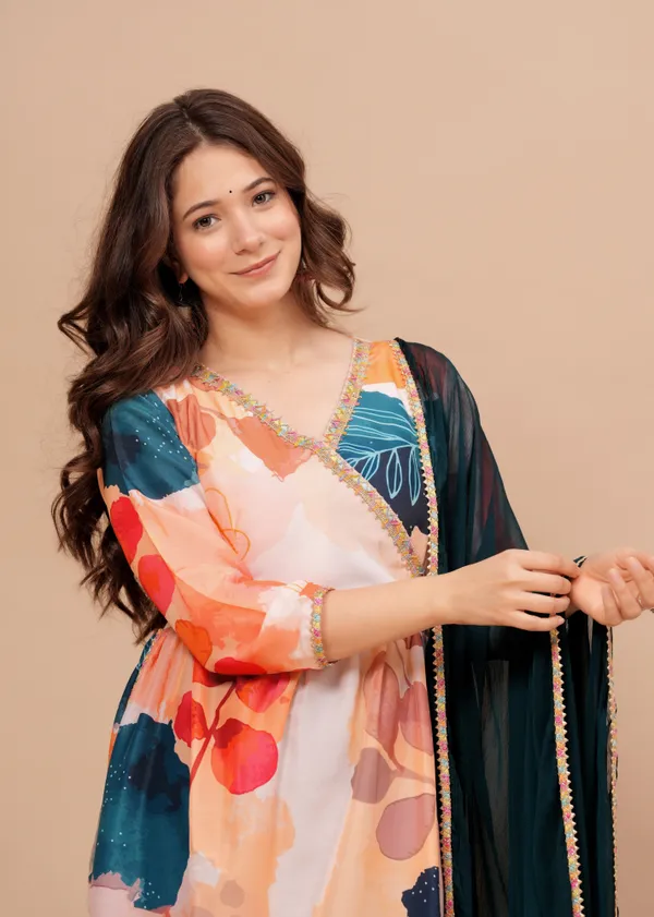 Peach_Printed_Muslin_Kurta_Set_For_Women