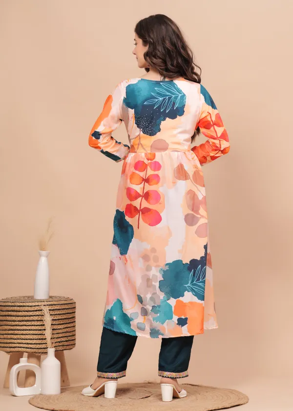 Peach_Printed_Muslin_Kurta_Set_For_Women
