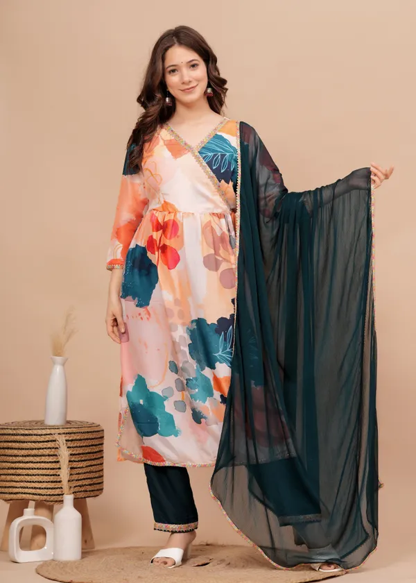 Peach_Printed_Muslin_Kurta_Set_For_Women