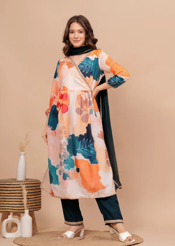 Peach_Printed_Muslin_Kurta_Set_For_Women