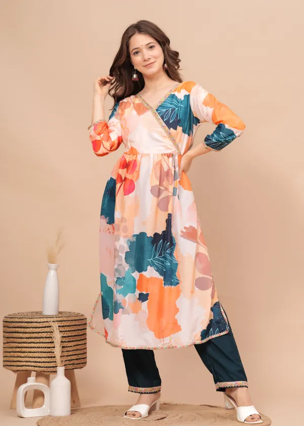 Peach_Printed_Muslin_Kurta_Set_For_Women
