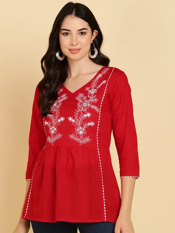 Red_Cotton_Embroidered_Mirror_Work_Regular_Fit_Tops_&_Tunics_For_Women