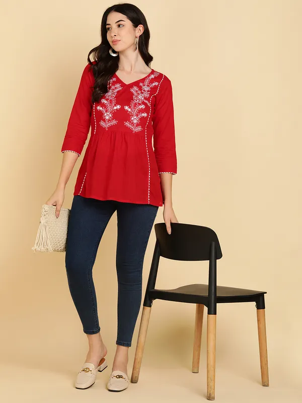Red_Cotton_Embroidered_Mirror_Work_Regular_Fit_Tops_&_Tunics_For_Women