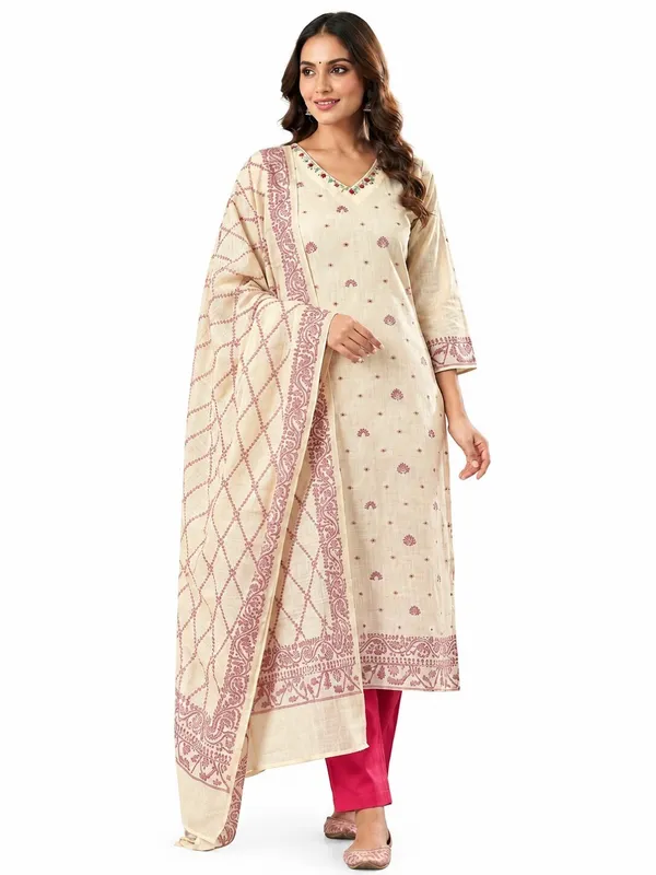 Women_Ethnic_Motifs_Printed_V-Neck_Straight_Kurta_Set_with_Trousers_&_Dupatta