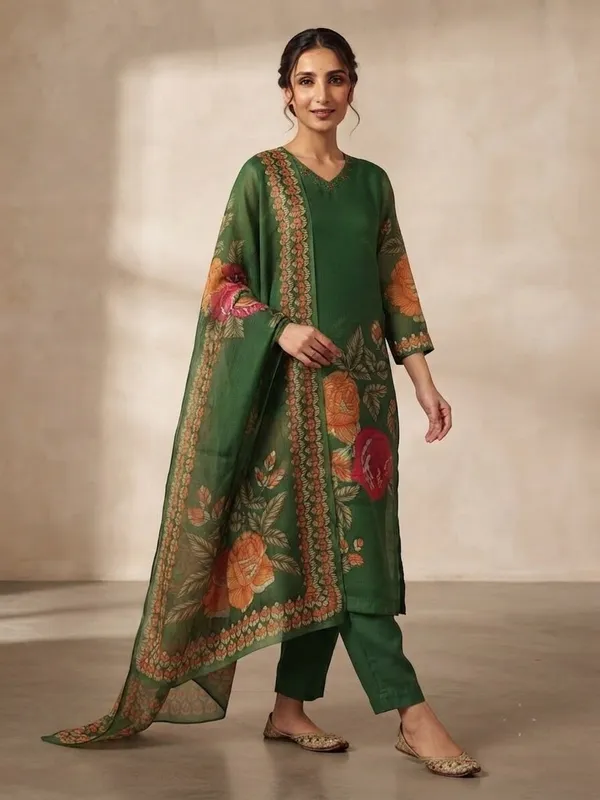 Women_Floral_Print_V-Neck_Kota_Doria_Kurta_Trouser_&_Dupatta_Set