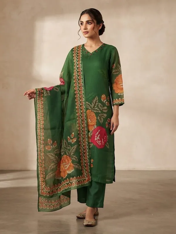 Women_Floral_Print_V-Neck_Kota_Doria_Kurta_Trouser_&_Dupatta_Set