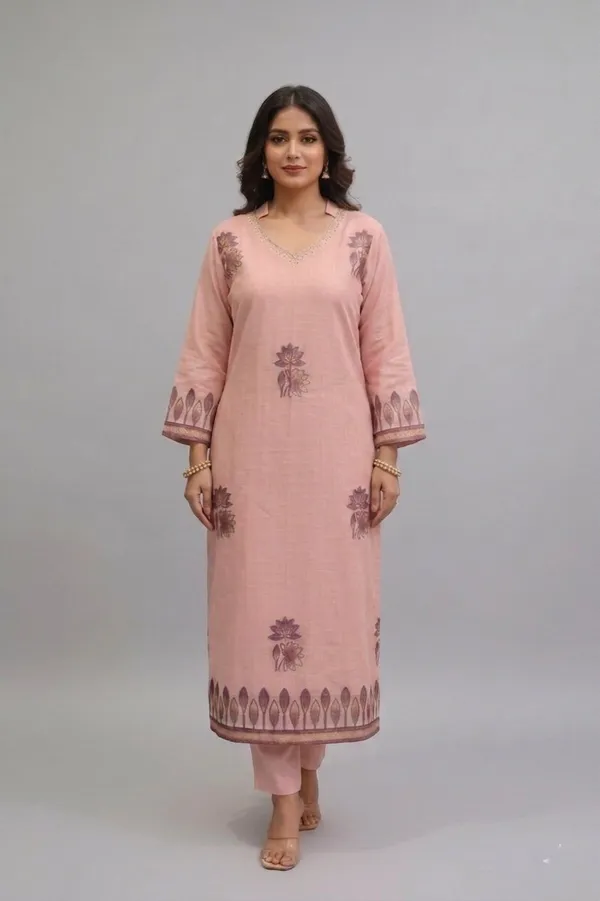 Women_Floral_Print_Yoke_Design_V-Neck_Pure_Chanderi_Kurta_Set_with_Trousers