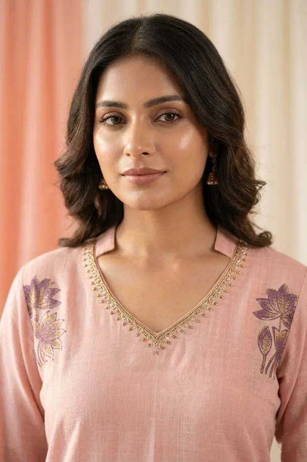 Women_Floral_Print_Yoke_Design_V-Neck_Pure_Chanderi_Kurta_Set_with_Trousers