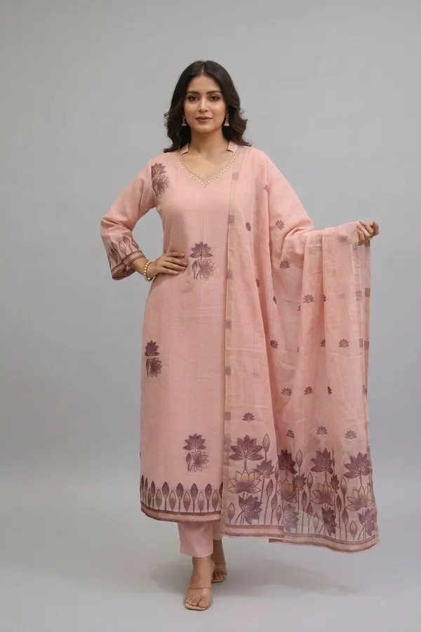 Women_Floral_Print_Yoke_Design_V-Neck_Pure_Chanderi_Kurta_Set_with_Trousers